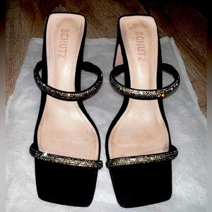 Schutz Shoes Embellished High Heel Sling Back Sandals Black Suede Sz 8 M